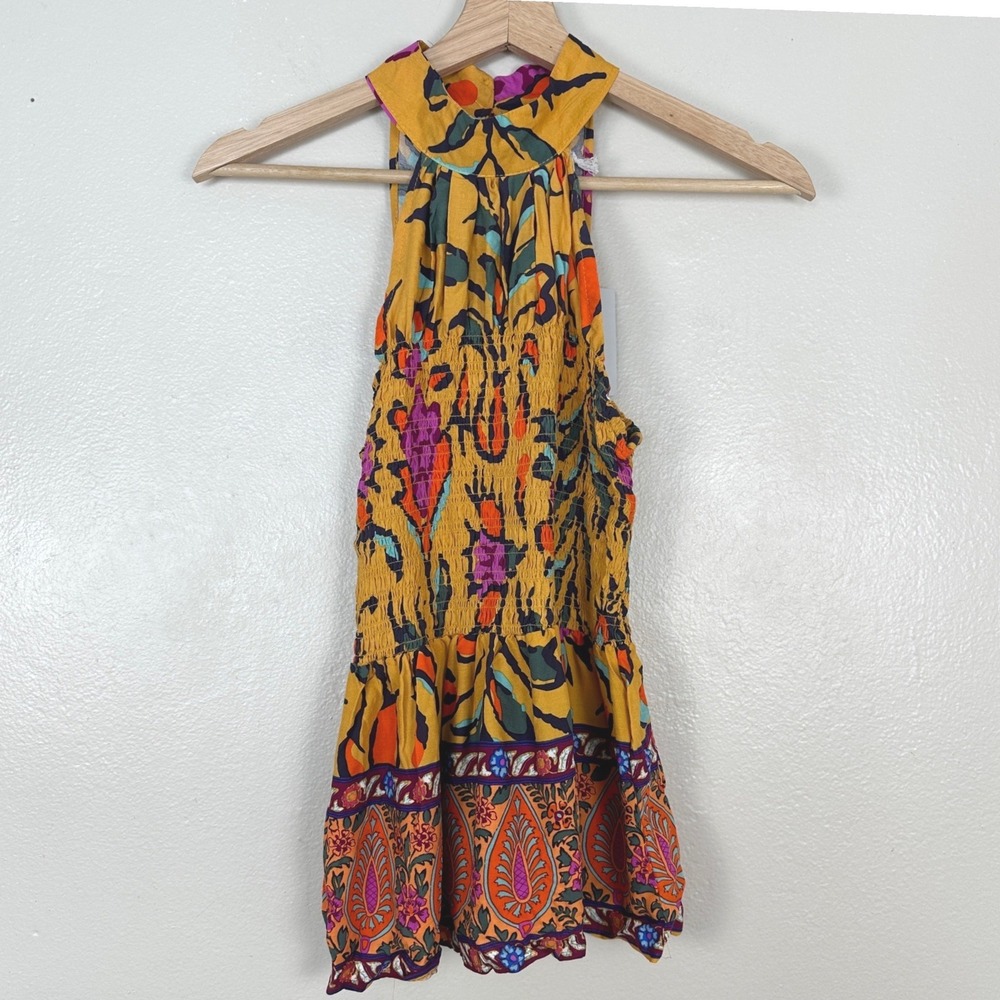 Haute Hippie Women's Small Halter Top Yellow Paisley Boho Smocked Peplum NEW